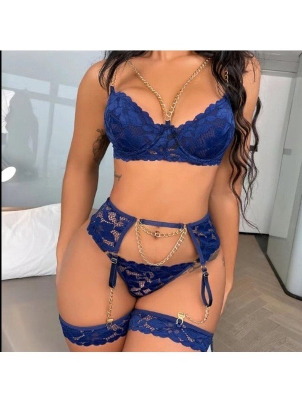 Navy Blue Lace Gold Chain Garter Lingerie 3-Pc Set